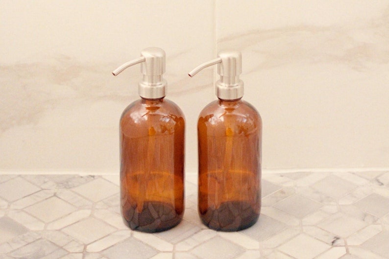16 oz Amber Glass Bottle Metal Pump Refillable Soap Etsy