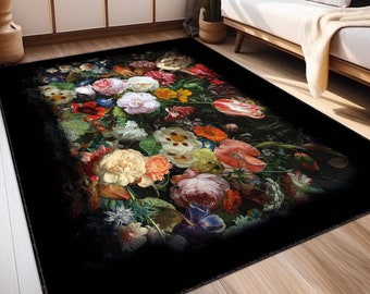 Modern Floral Area Rug, Dark Botanical Flower Print Carpet, Moody Oil Painting Living Room Mat, Vintage Washable Non Slip Dining Decor Rug