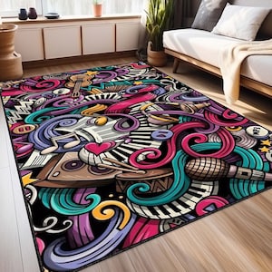 Art Deco Music Rug, Musician Gift, Music Lover Gift,Music Home Decor, Area Rug,  Salon Rug, Floor Rug, Washable Rug, Non Slip Based Rug,Rugs