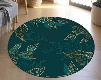 May include: A round green and gold area rug with a leaf pattern. The leaves are outlined in gold and have a dark green interior.