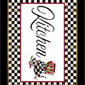 May include: A rectangular decorative sign featuring the word Kitchen in black script. The center is white with a black and white checkered teapot filled with red tulips. The border consists of a black and white checkered pattern with gold accents.