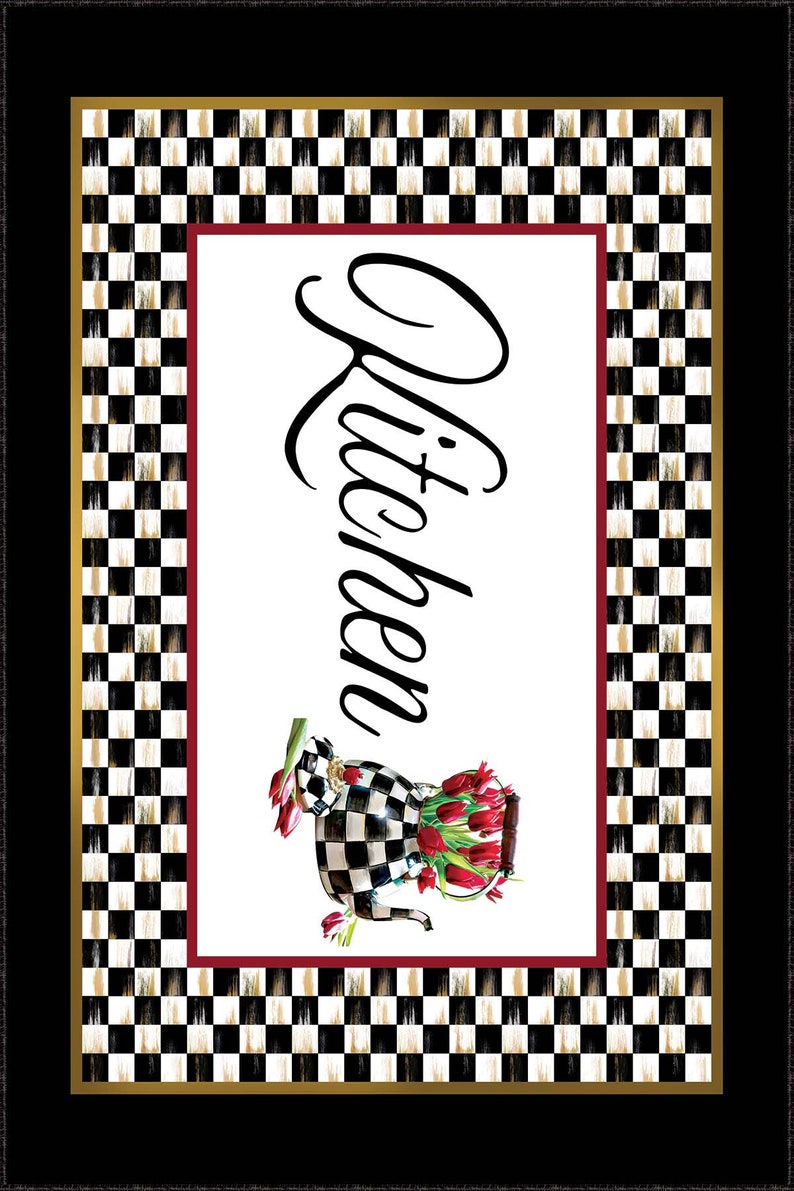 May include: A rectangular decorative sign featuring the word Kitchen in black script. The center is white with a black and white checkered teapot filled with red tulips. The border consists of a black and white checkered pattern with gold accents.