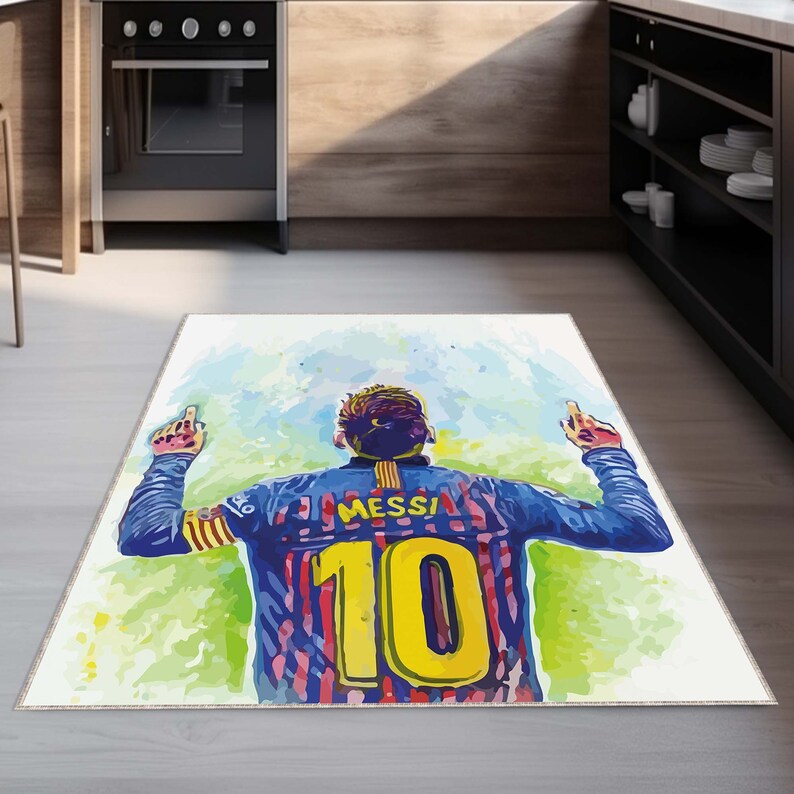 May include: A watercolor painting of a soccer player wearing a blue and red jersey with the number 10 and the name "Messi" on the back. The player is raising both arms in the air, celebrating a goal.