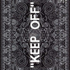 May include: Black and white patterned rug with the text "KEEP OFF" in white letters.