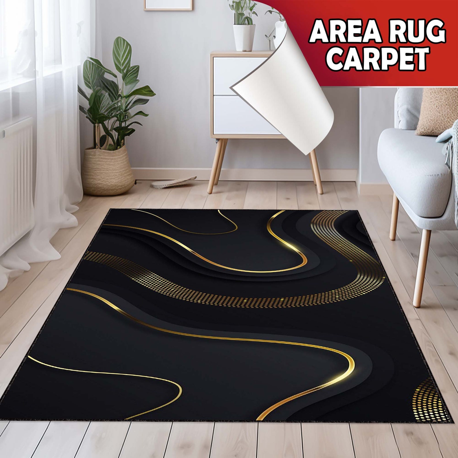 Lengthwise Detailed Rug Style Marble Rug, Black Rug, Gold Detailed Rug, Livingroom Rug, Modern Rug ...