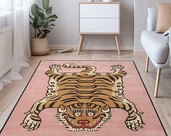 Tibetan Tiger rug, Tiger rug, Animal rug, Japanese Tiger painting, Tiger carpet, Eclectic bedroom decor, Japanese Tiger rug, Japanese art