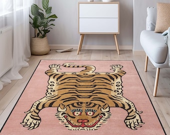 Tibetan Tiger rug, Tiger rug, Animal rug, Japanese Tiger painting, Tiger carpet, Eclectic bedroom decor, Japanese Tiger rug, Japanese art