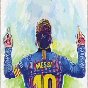 May include: A watercolor painting of a soccer player wearing a blue and red jersey with the number 10 and the name "Messi" on the back. The player is raising both arms in the air, celebrating a goal.
