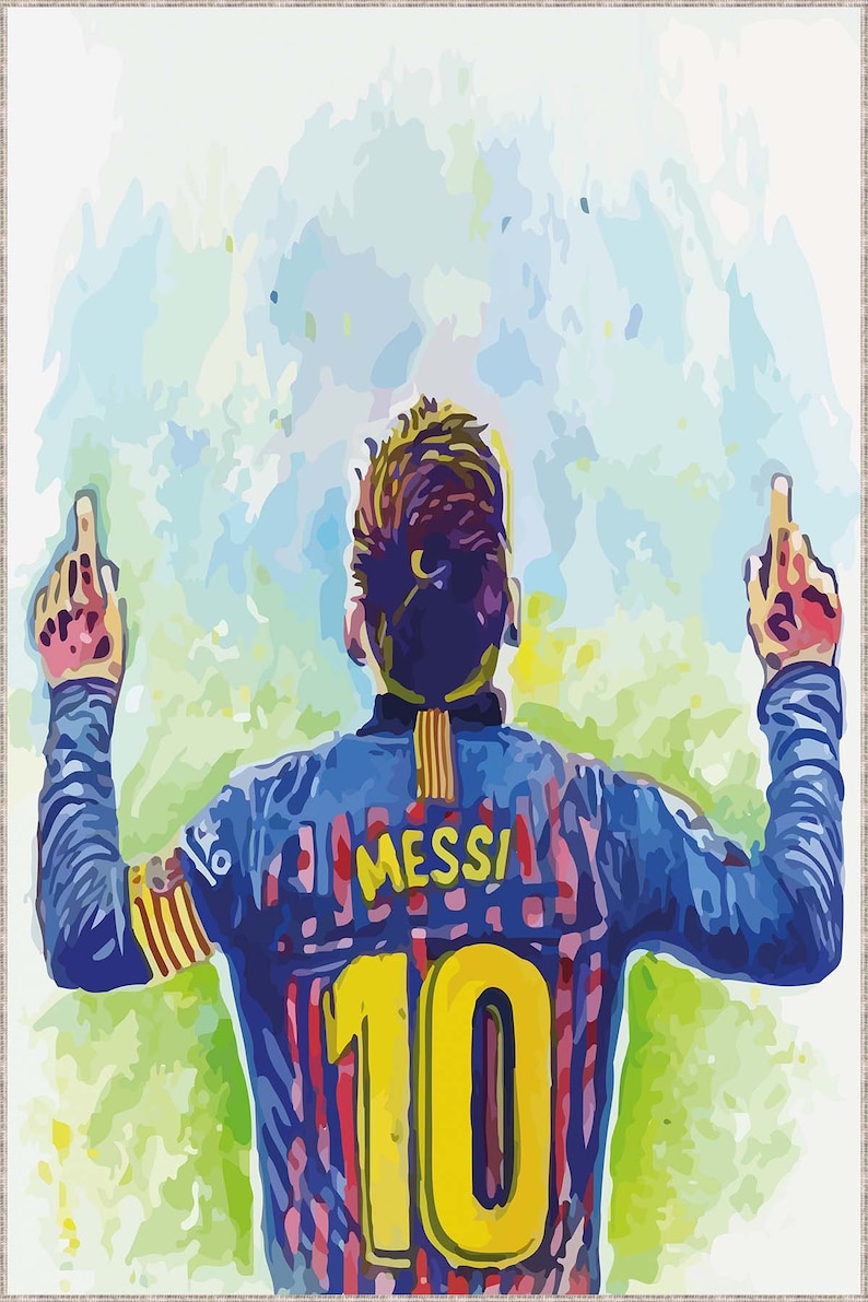 May include: A watercolor painting of a soccer player wearing a blue and red jersey with the number 10 and the name "Messi" on the back. The player is raising both arms in the air, celebrating a goal.