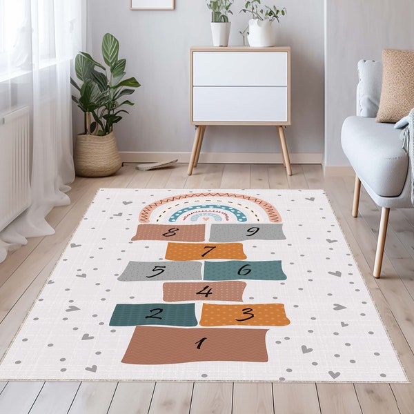 Tapis de salle de jeux pour enfants, apprentissage des chiffres, tapis de jeu de marelle, tapis pour enfants uniques, conception personnalisée, tapis de couleur douce, tapis lavable, tapis