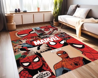 May include: A rectangular area rug featuring a vibrant Marvel comic book collage of Spider-Man in various action poses. The design includes red and blue character illustrations, black webbing patterns, and text bubbles reading Marvel, Nice Try, and The Spider-Mobile.