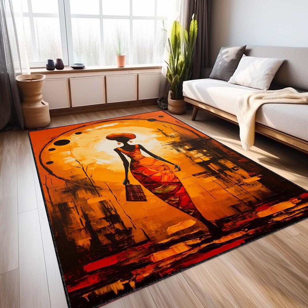 Abstract African Rug African Woman Art Rug, Orange Sunset Silhouette Area Rug, Modern Ethnic ...