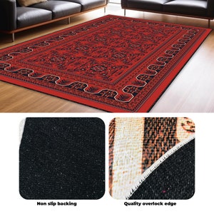 May include: Red and blue patterned rug with a non-slip backing and an overlock edge. The rug has a traditional design with intricate details.