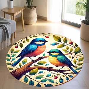 Round Rug, Sparrow Rug, Birds Rug, Circle Birds Rug, Animal Decor Rug, Floor Rug, Animal Rug,  Kissing Birds, Kids Room Bird Rug, Washable
