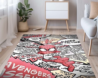 Spider Man Comic Rug, Avengers Assemble Area Carpet, Superhero Kids Playroom Decor, Vintage Comic Book Floor Mat, Washable Boy Room Rug