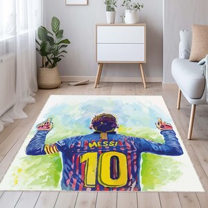 May include: A watercolor painting of a soccer player wearing a blue and red jersey with the number 10 and the name "Messi" on the back. The player is raising both arms in the air, celebrating a goal.