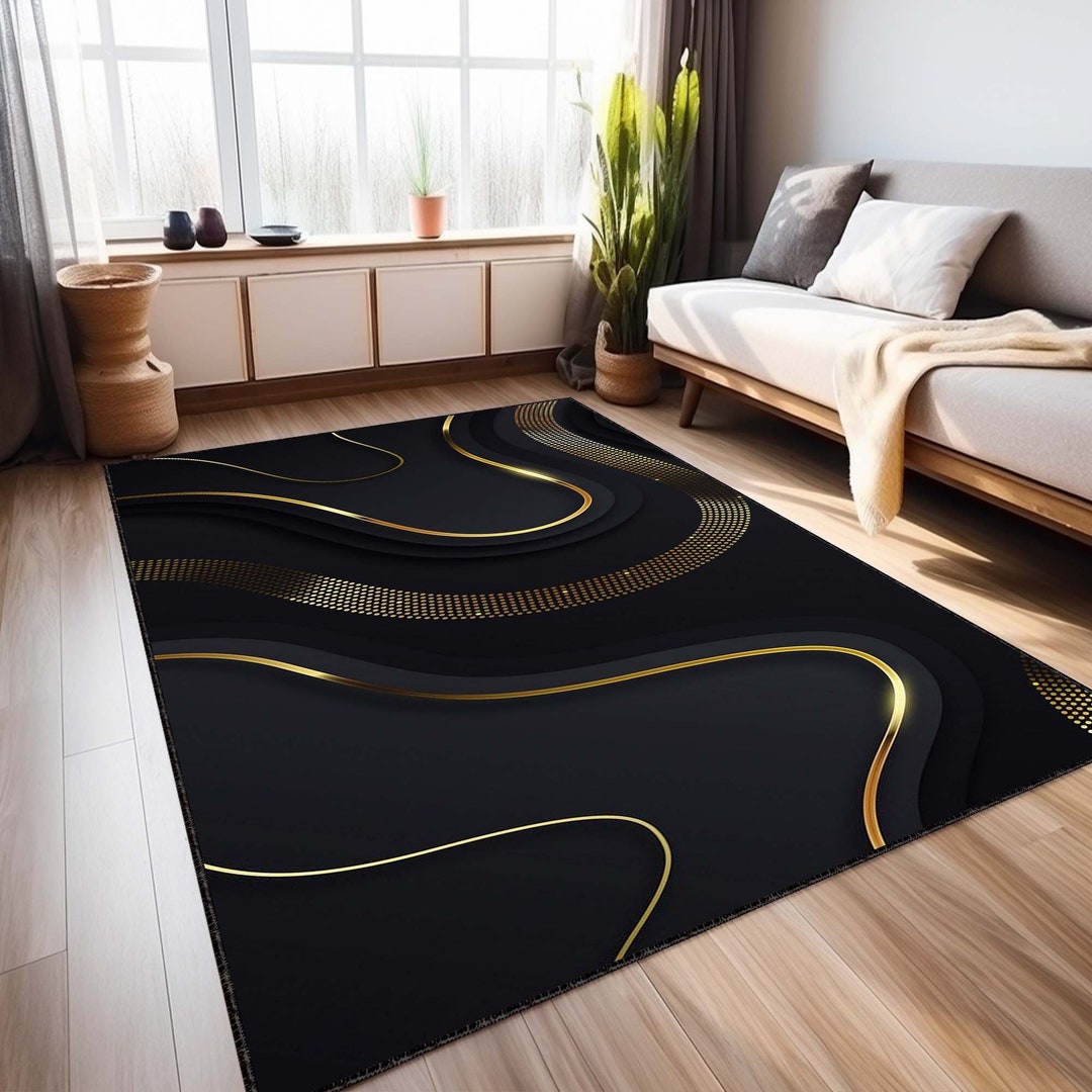 Detailed Rug Marble Rug, Black Rug, Gold Detailed Rug, Livingroom Rug, Modern Rug ...