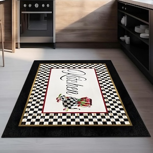 May include: A rectangular kitchen rug featuring a black and white checkered border, a central white panel with the word Kitchen in black script, and a graphic of a checkered teapot filled with red tulips on a light wood floor surface.