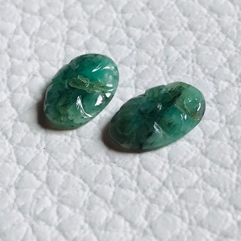 CT-2 Natural Emerald Carved Pair Size-7x9.50MM Emerald Carved Oval Shape Loose Gemstone Emerald Ring Size Making Jewelry Carved Pair Emerald