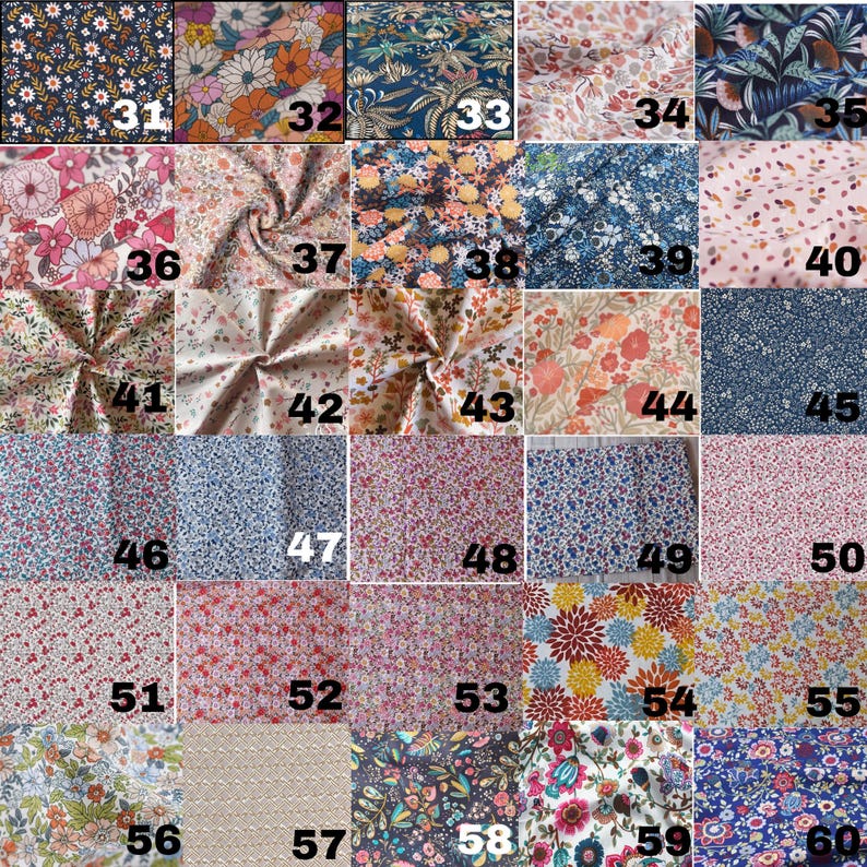 May include: A collection of thirty fabric swatches arranged in a grid, each featuring distinct floral, botanical, or geometric patterns in various color palettes including navy, pink, orange, yellow, and green, labeled with numbers 31 through 60.