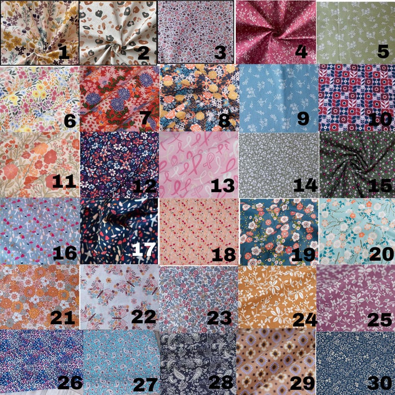 May include: A grid of thirty fabric swatches featuring diverse patterns including floral prints, geometric shapes, abstract designs, and animal motifs in various colors such as blue, pink, green, yellow, brown, and black, each labeled with a number.
