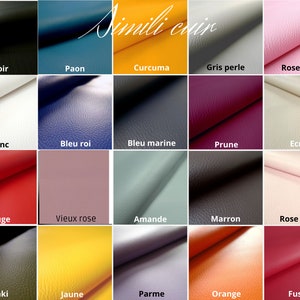 May include: A grid of twenty swatches of faux leather in various colors including black, peacock blue, turmeric, pearl gray, pink, white, royal blue, navy, plum, ecru, red, dusty rose, almond, brown, blush, olive, yellow, lilac, orange, and fuchsia.