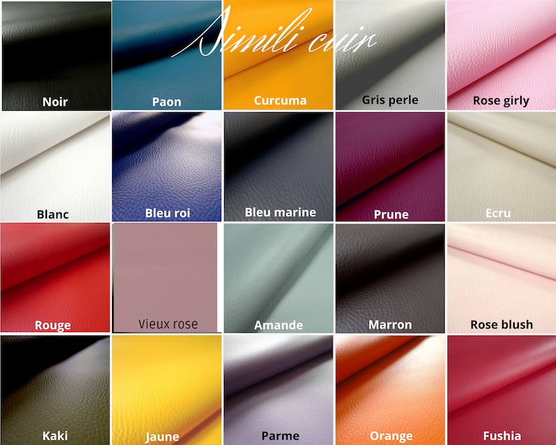 May include: A grid of twenty swatches of faux leather in various colors including black, peacock blue, turmeric, pearl gray, pink, white, royal blue, navy, plum, ecru, red, dusty rose, almond, brown, blush, olive, yellow, lilac, orange, and fuchsia.