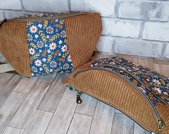 Rust-colored corduroy and printed fabric fanny pack