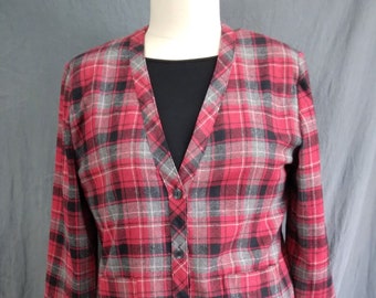 60's Vintage Red Plaid Wool Skirt Suit - Mod Style - Handmade- Large