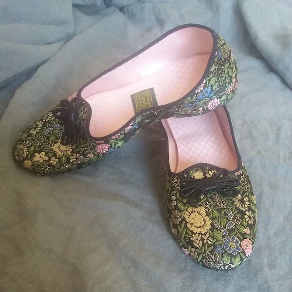 Vintage Daniel Green Black Brocade Slippers - Size 3 - Unworn - 1950s / 1960s