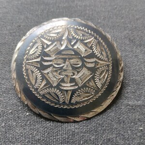 Vintage Aztec Calendar Brooch / Pendant 1970s / Signed & Hallmarked