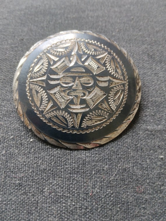 Vintage Aztec Calendar Brooch / Pendant 1970s / Si