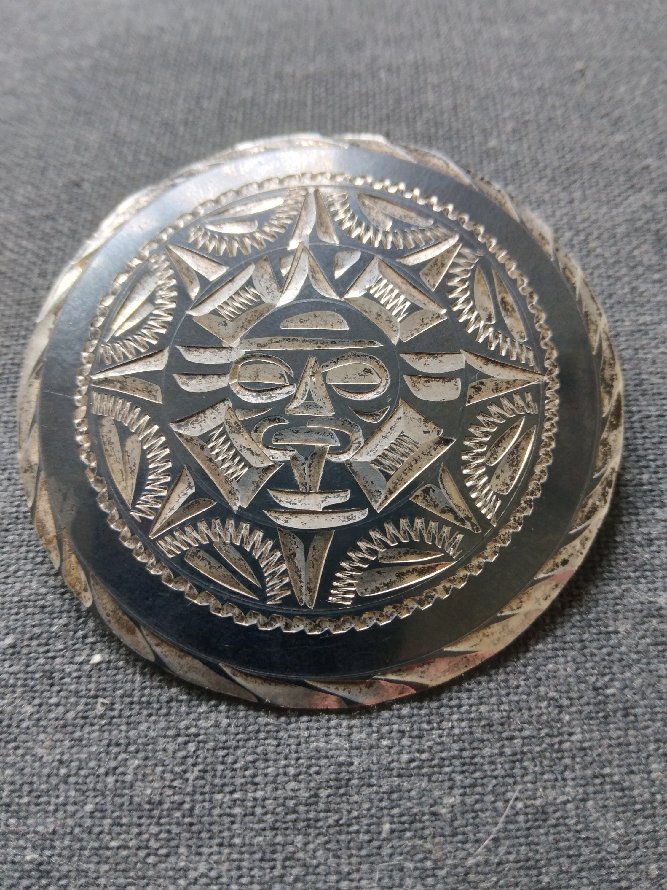 Vintage Aztec Calendar Brooch / Pendant 1970s / Signed