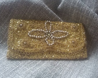 Vintage MCM Gold Sequin Beaded Clutch Purse - Evening - Glam - Bridal - c.1950's - 1960's