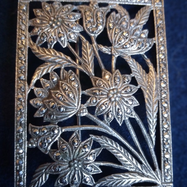 Flowers In A Frame - Vintage Sterling & Marcasite Brooch / Pin