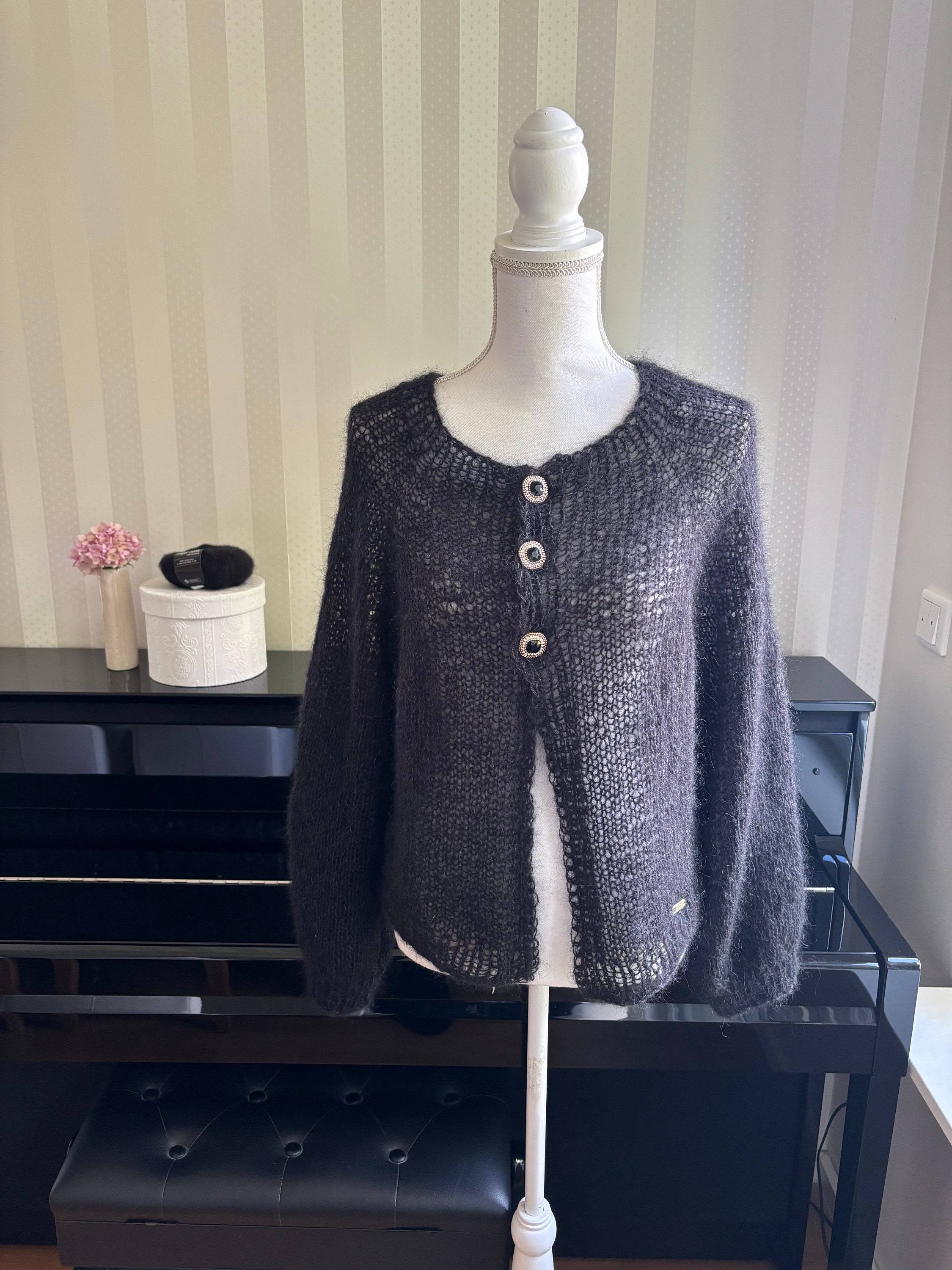 Mohair Silk Cardigan in Black, Hand-knitted - Etsy