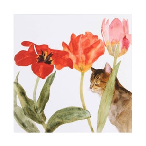 May include: A watercolor painting of a tabby cat peeking out from behind a bouquet of red and pink tulips.