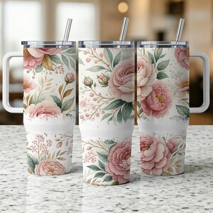 Pink Floral 40oz Tumbler Wrap, Watercolor Flowers Design, Elegant Tumbler Skin, Gift for Her, Tumbler Decal, Rose Design, Floral Tumbler