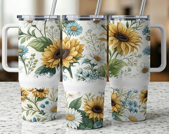 Sunflower 40oz Tumbler Wrap, Floral Tumbler Design, Daisy Flower Tumbler Skin, Floral Tumbler Decal, Tumbler Full Wrap, Tumbler for Women