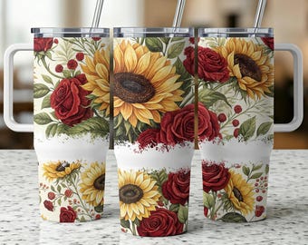 Sunflower and Rose 40oz Tumbler Wrap, Floral Tumbler Design, Flower Tumbler PNG, Red Roses Design, Floral Print Tumbler, Gift for Her