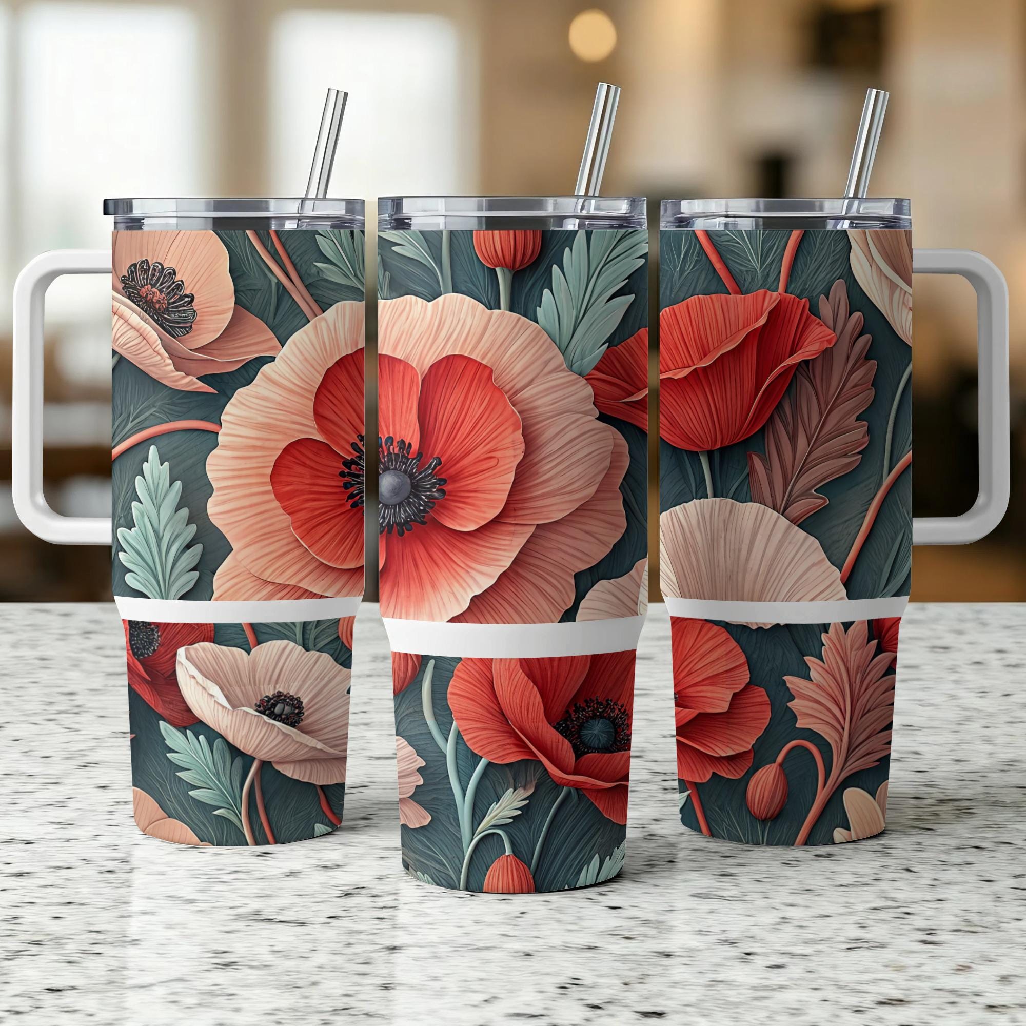 Poppy Tumbler Wrap PNG, 40oz Tumbler Design, Floral Tumbler