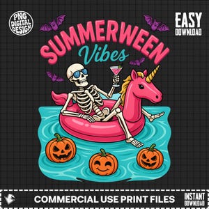 May include: A digital graphic design featuring a skeleton wearing blue sunglasses, holding a pink cocktail, and floating on a pink unicorn pool float in blue water with three orange jack-o'-lanterns, purple bats, and the text SUMMERWEEN Vibes.