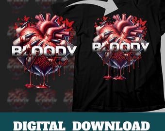 May include: A black t-shirt with a graphic design of a bloody heart with the text "Bloody Valentine" on it.