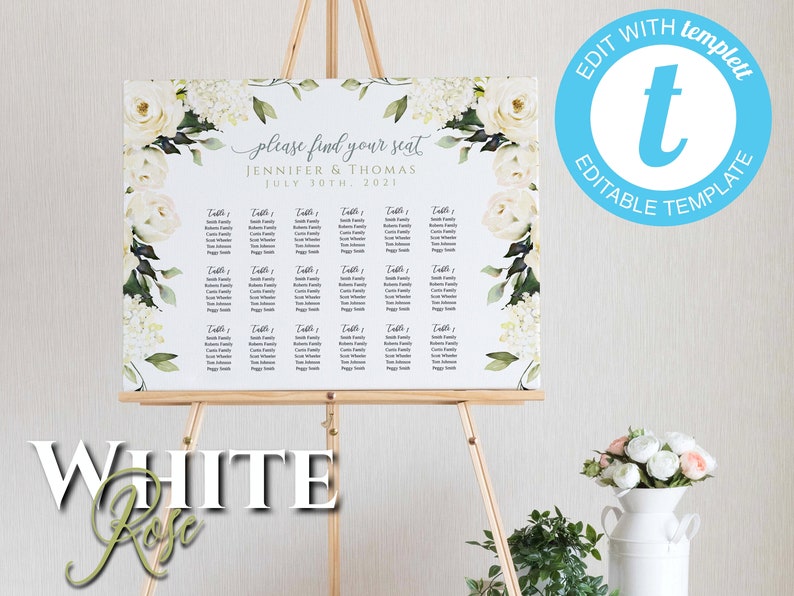 Editable via Templett App 3 editable templates included White Rose Wedding Seating Chart