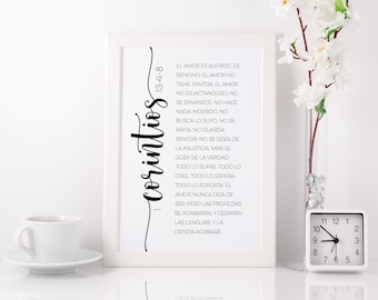 May include: A black and white printable wall art print with a white background and black text. The text is a bible verse from 1 Corinthians 13:4-8. The text reads: "The love is patient, love is kind. It does not envy, it does not boast, it is not proud. It does not dishonor others, it is not self-seeking, it is not easily angered, it keeps no record of wrongs. Love does not delight in evil but rejoices with the truth. It always protects, always trusts, always hopes, always perseveres. Love never fails."