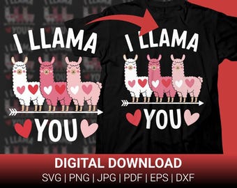 May include: A black t-shirt with a white graphic of three pink and white llamas with hearts and an arrow. The text "I Llama You" is written in white on the shirt.