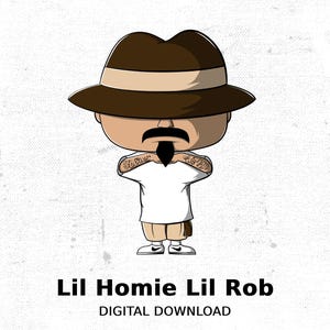Peut inclure: Une illustration de dessin animé d'une personne portant un fedora brun, un t-shirt blanc et un pantalon marron. La personne a une moustache et une barbiche et tient ses bras devant elle. Le texte "Lil Homie Lil Rob" et "TÉLÉCHARGEMENT NUMÉRIQUE" est sous l'image.