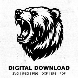 May include: Black and white illustration of a bear's head with its mouth open and teeth showing. The bear's fur is detailed with lines and shading.