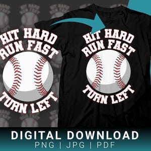 Hit Hard Run Fast Sla linksaf honkbal PNG-bestand voor print on demand-items of merchandise, honkballiefhebber cadeauontwerp, sportteamafbeelding