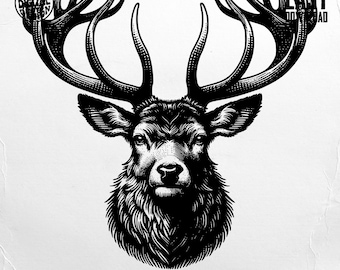Stag Digital Download, Deer Art Print, Buck Head Image, Wildlife Illustration, Forest Animal Clipart, Engraving Style Design
